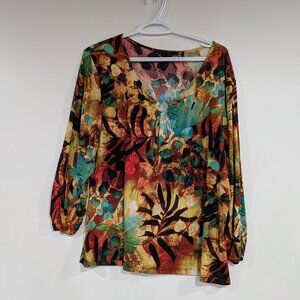 Laura Printed 3/4 Sleeve Blouse with Metal Neckline Detail Rust Beige Size XXL